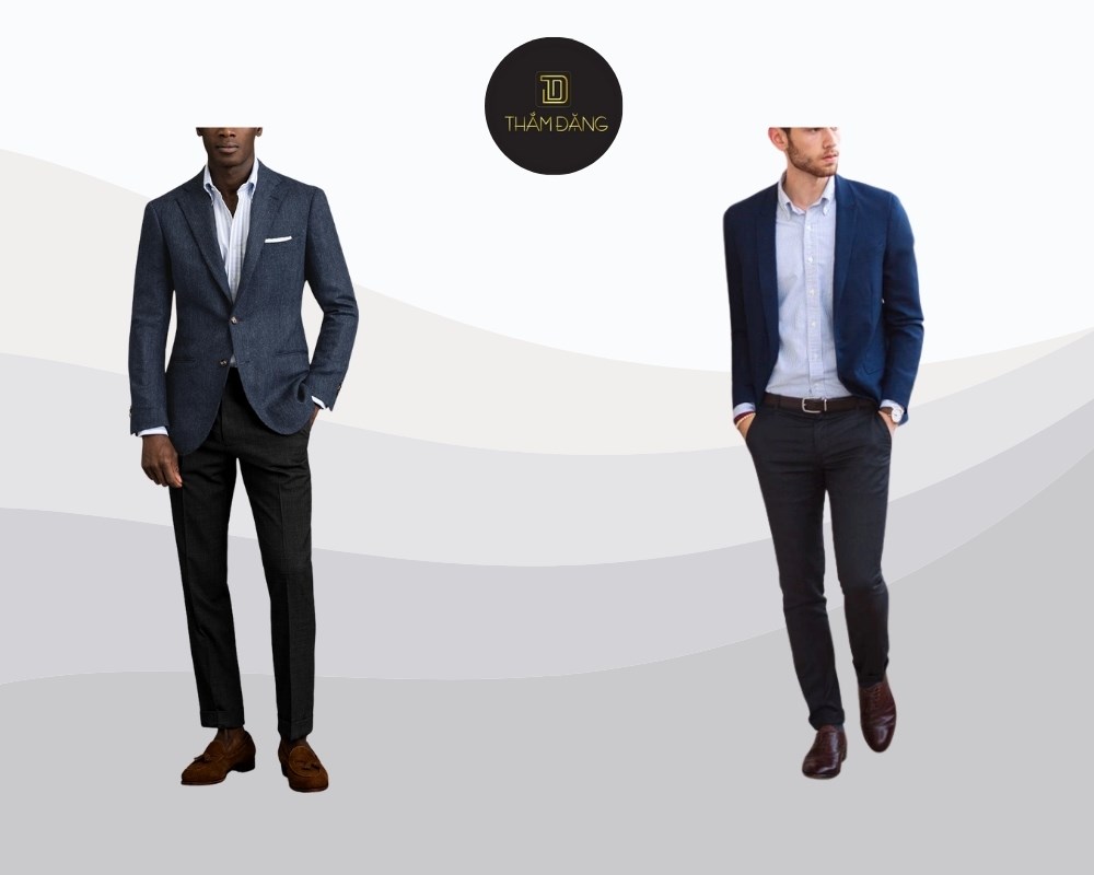 blazer xanh dương kết hợp quần tây đen tạo sự lịch lãm cho cánh mày râu
