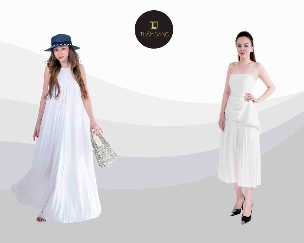 đầm trắng dáng xòe kết hợp phụ kiện bạc