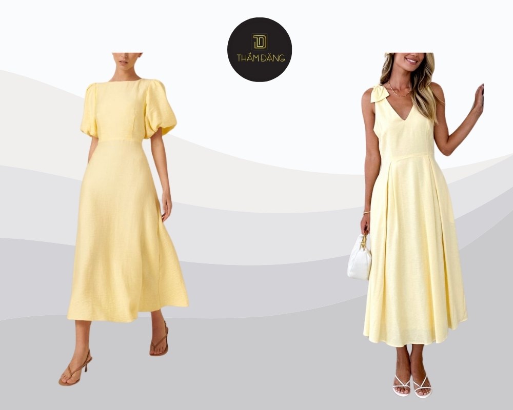đầm vàng pastel dáng suông phối sandal trắng hợp mệnh Kim