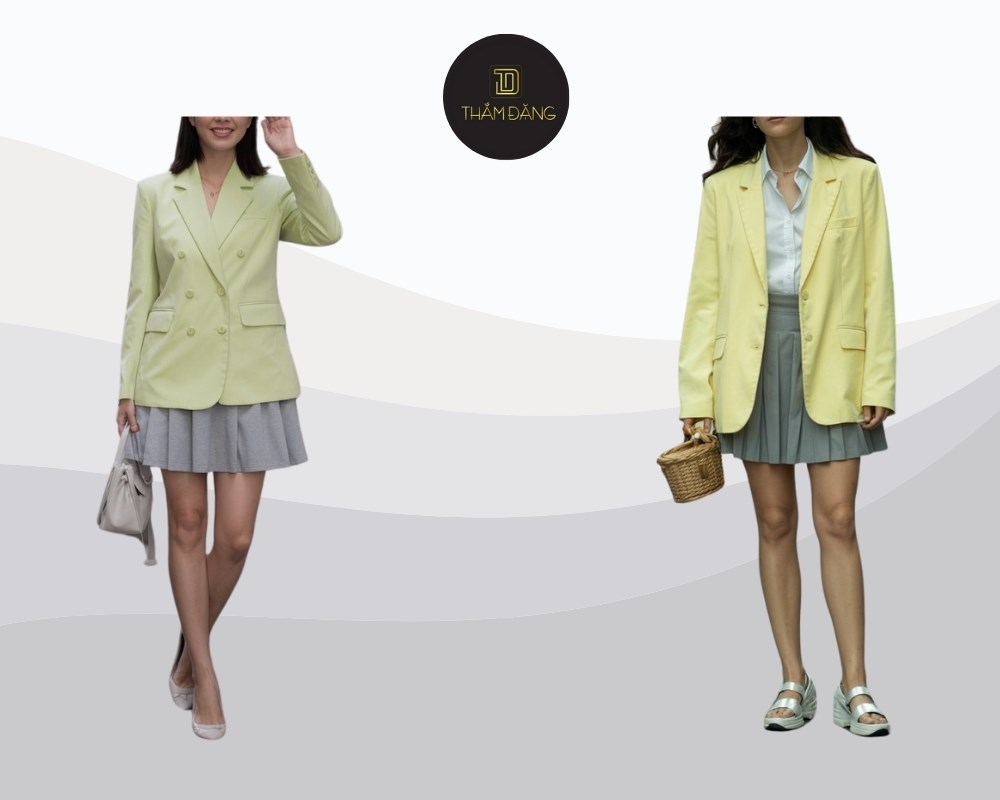 set đồ blazer vàng nhạt phối chân váy xám tôn vẻ ngoài duyên dáng cho người mệnh Bạch Lạp Kim