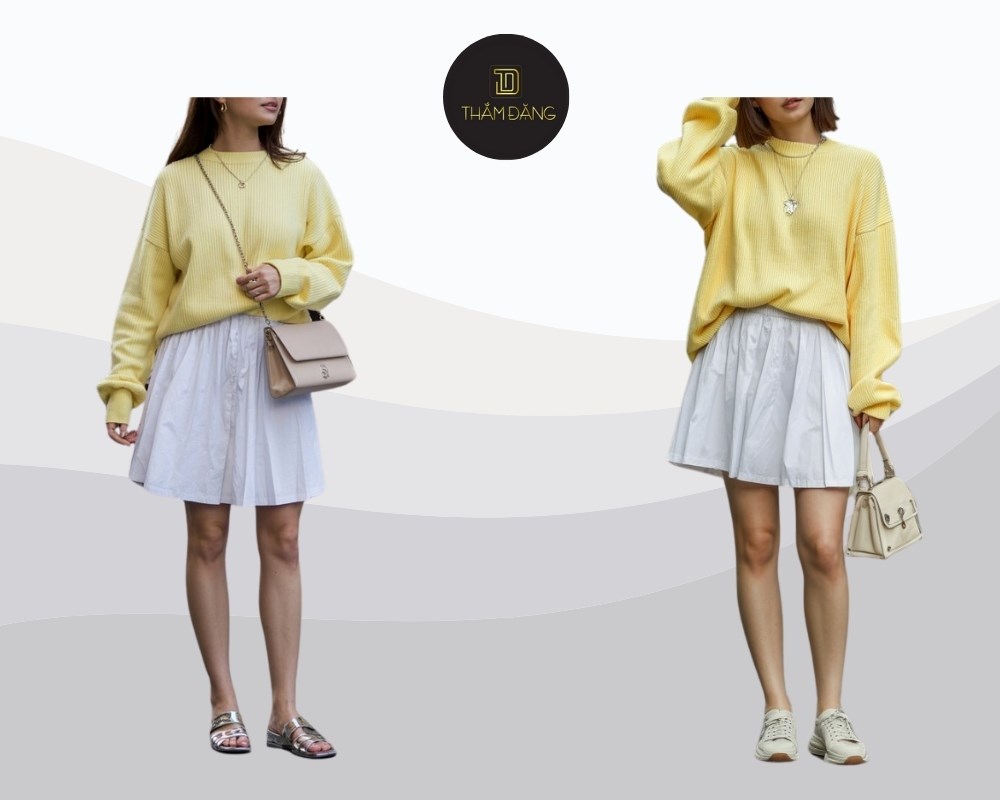 set áo len vàng nhạt phối chân váy midi cho người mệnh Kim