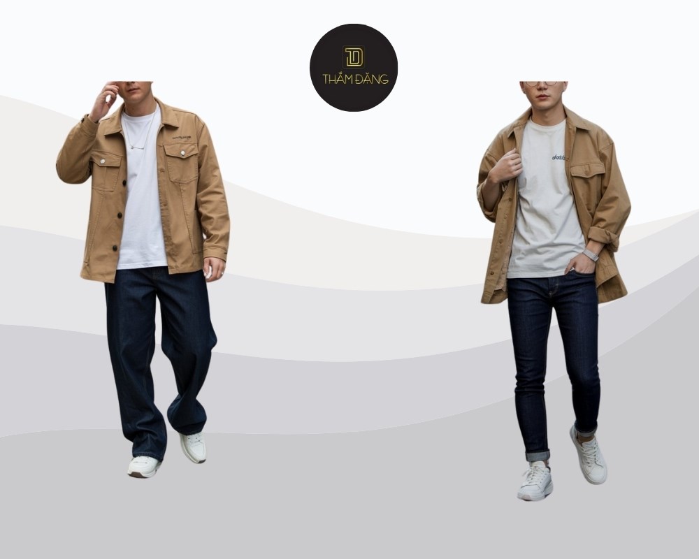 set áo thun trắng và quần jeans phối khoác kaki vàng mang lại sự trẻ trung cho nam mệnh Bạch Lạp Kim