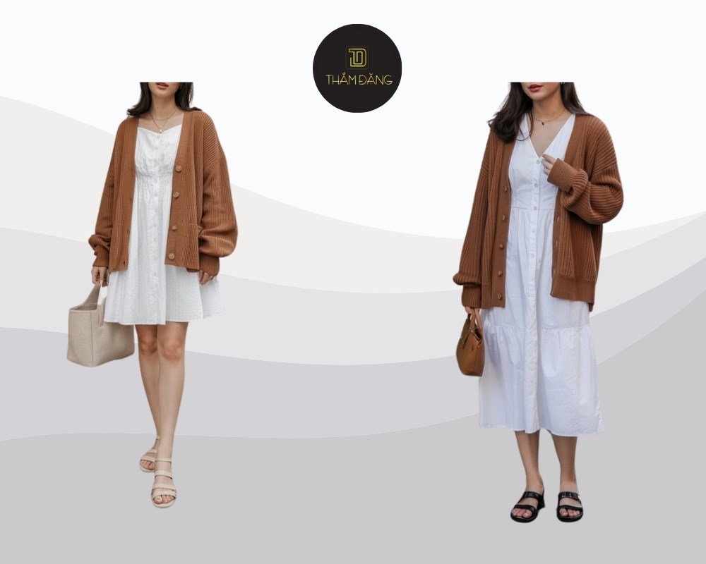 set đồ cardigan nâu phối váy trắng mang đến vẻ ngoài ấm áp, dịu dàng