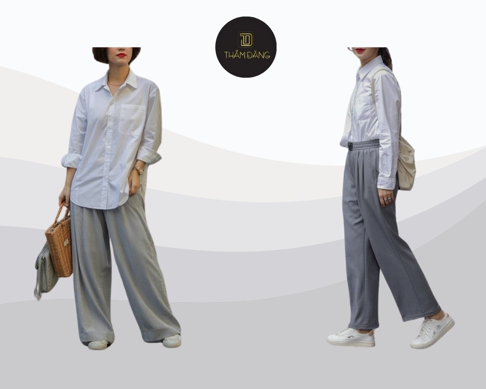 set sơ mi trắng phối quần tây xám thanh lịch