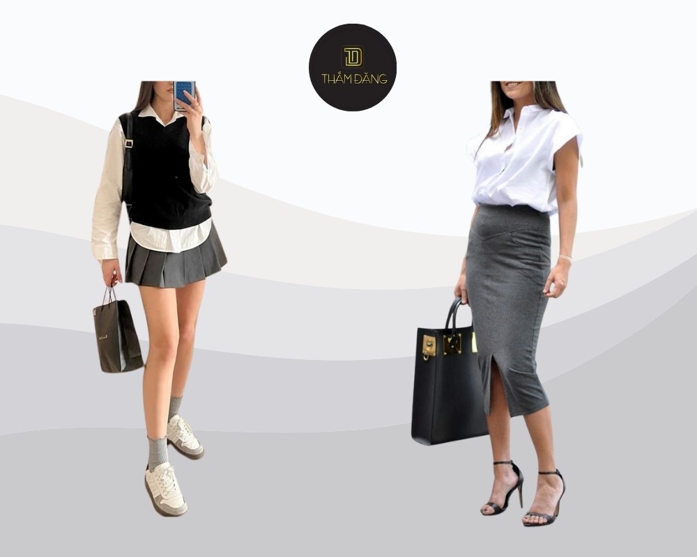 sơ mi trắng oversize phối với chân váy xám hợp mệnh Kim
