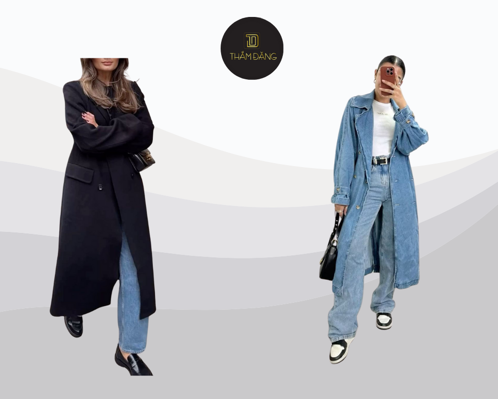 Outfit sân bay lý tưởng với quần skinny co giãn và áo khoác dáng dài vừa thoải mái vừa tôn dáng thanh lịch.