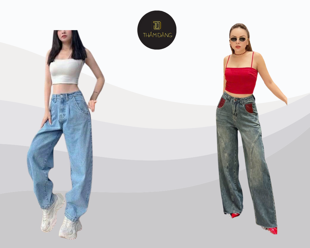 Phối đồ với quần ống rộng jean cạp cao và croptop giúp trẻ trung, năng động, khoe khéo vòng eo.