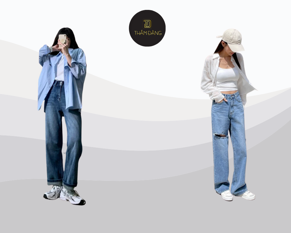 Layer nhẹ nhàng với quần jean ống rộng + áo sơ mi khoác ngoài cho vẻ ngoài vừa chill vừa sành điệu.
