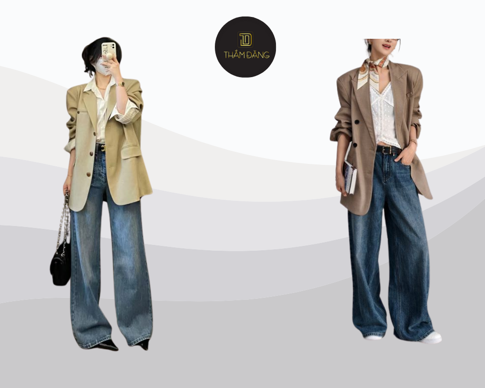 Set đồ smart casual với quần jean ống rộng và blazer mang đến phong cách vừa chuyên nghiệp vừa thời thượng cho phái đẹp hiện đại.