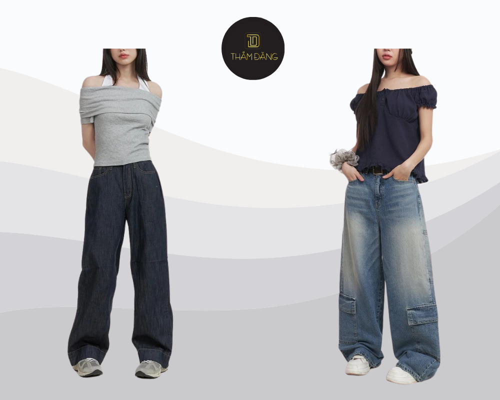 Set đồ quần jean ống rộng kết hợp áo trễ vai mang đến vẻ đẹp quyến rũ, nữ tính nhưng không kém phần phóng khoáng, lý tưởng cho những dịp đặc biệt.