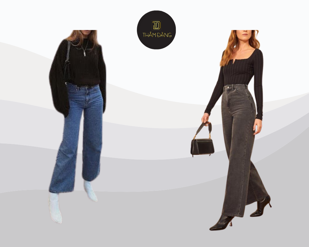 Style thu đông hoàn hảo với quần jean ống rộng, bốt cao cổ và áo khoác trench coat tạo nên phong cách thời thượng, ấm áp và cá tính.
