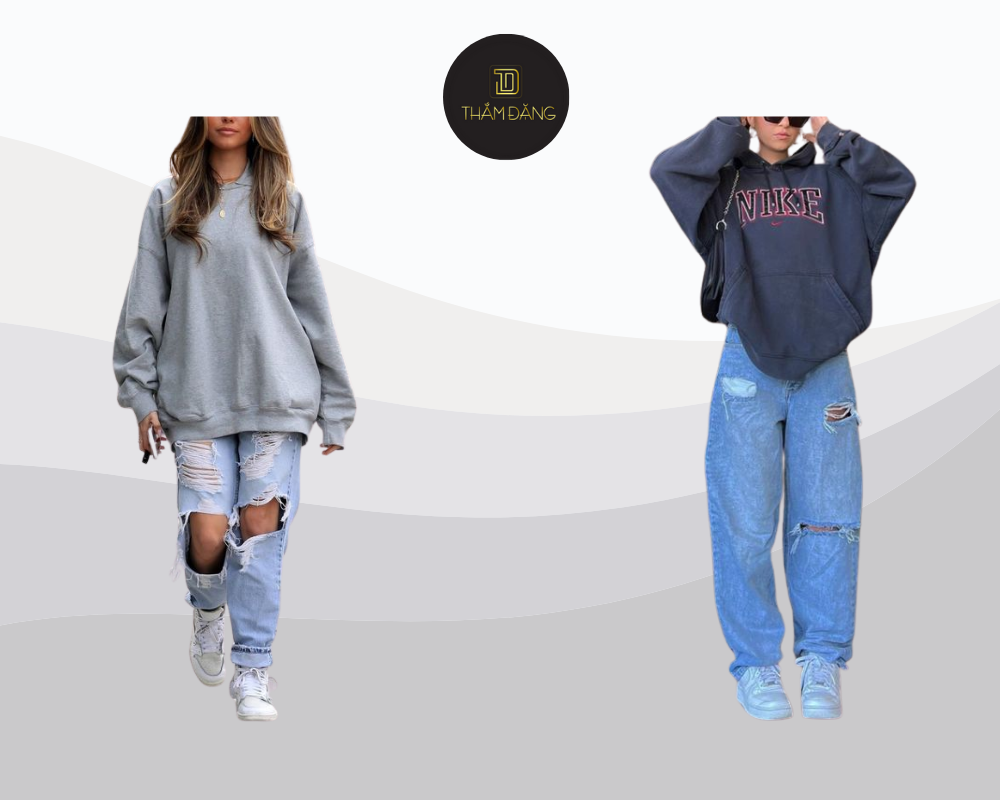 Phong cách street style phá cách với quần jean ống rộng rách và áo hoodie, đầy cá tính và năng động.