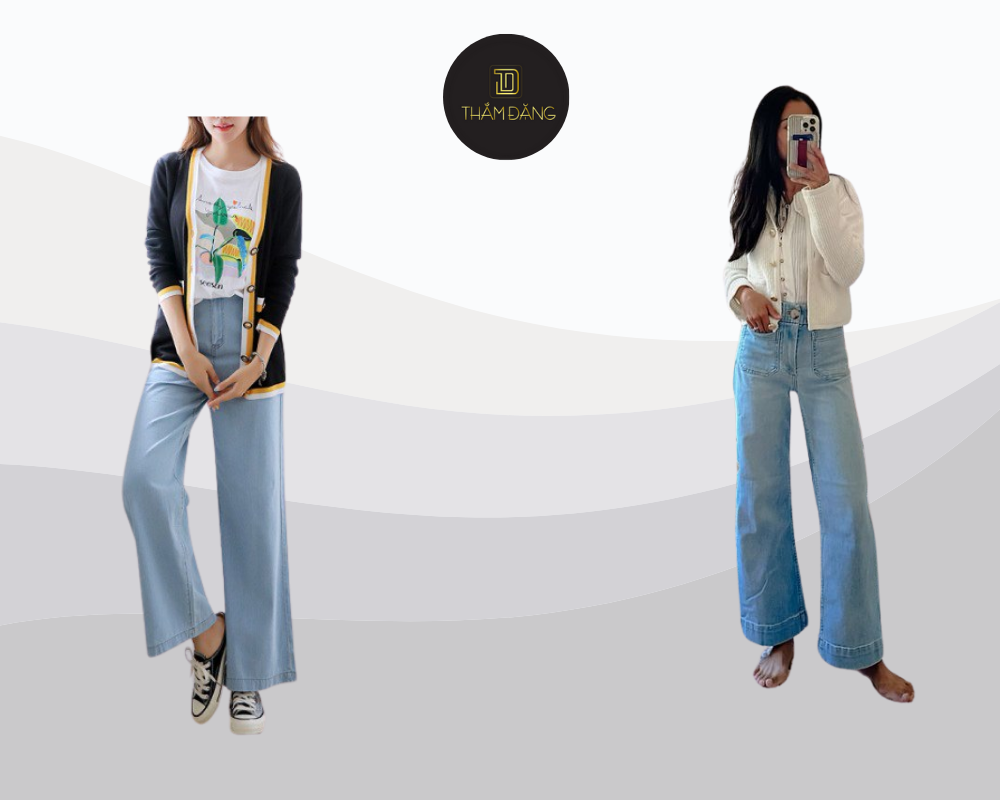 Set đồ cardigan và quần jean ống rộng mang đến phong cách nữ tính, thanh lịch nhưng không kém phần thời thượng.