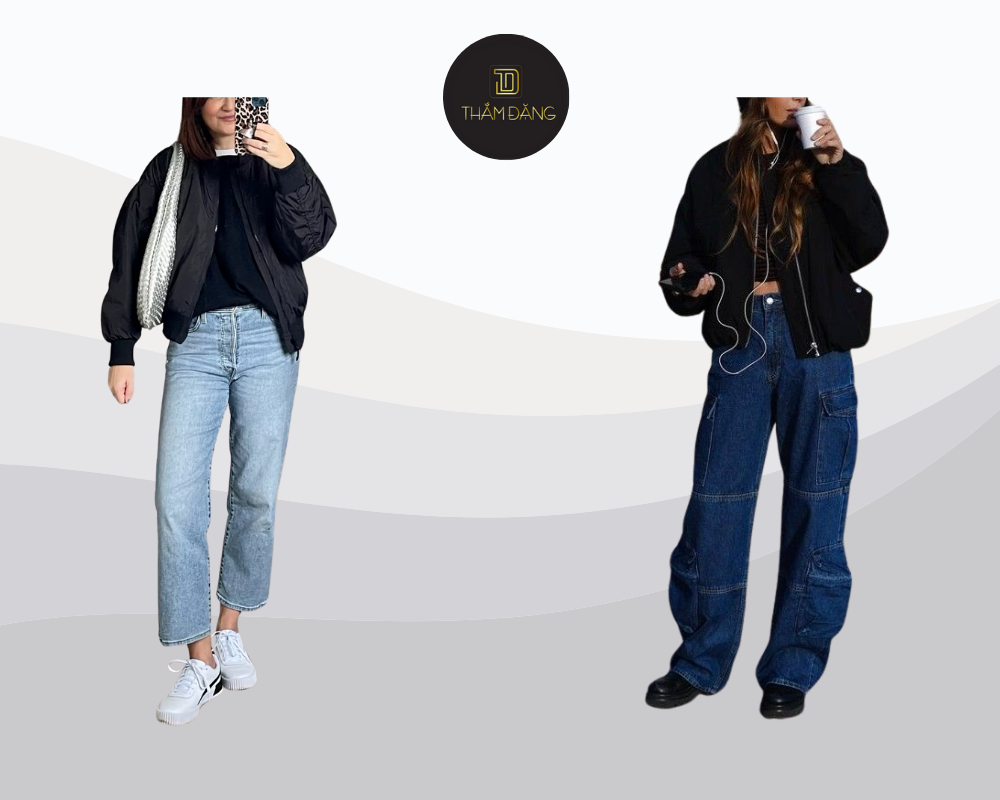 Quần jean ống rộng phối với áo gì? Kết hợp bomber tạo phong cách năng động và cá tính cho cô nàng hiện đại.