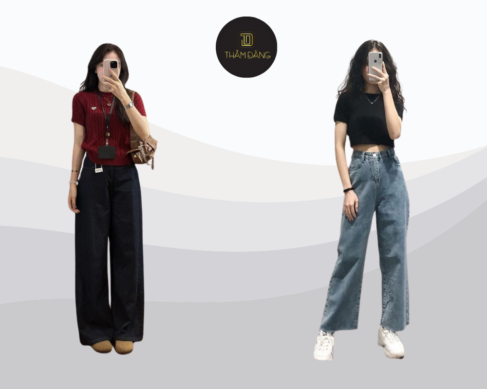 Chọn quần jean ống rộng cho người thấp cần lưu ý lưng cao, chiều dài vừa phải và màu sắc tối để tôn dáng và kéo dài chân hiệu quả.