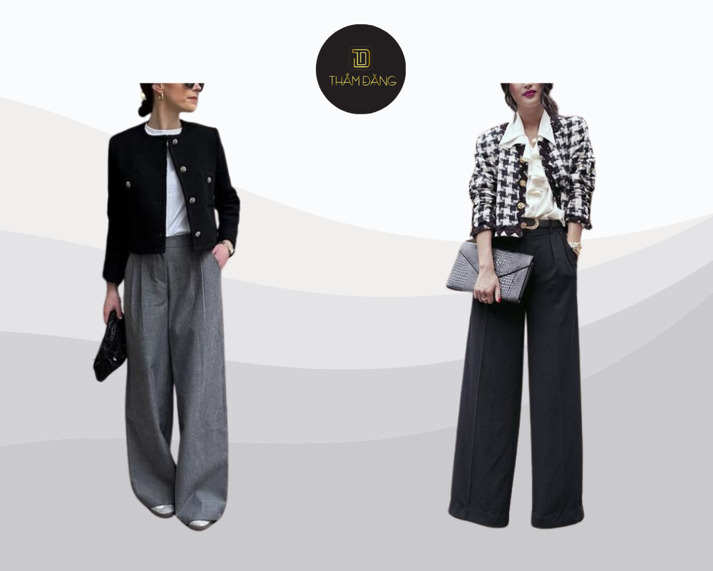 o khoác tweed kết hợp quần ống rộng mang đến vẻ đẹp sang trọng, tinh tế và đậm chất Pháp