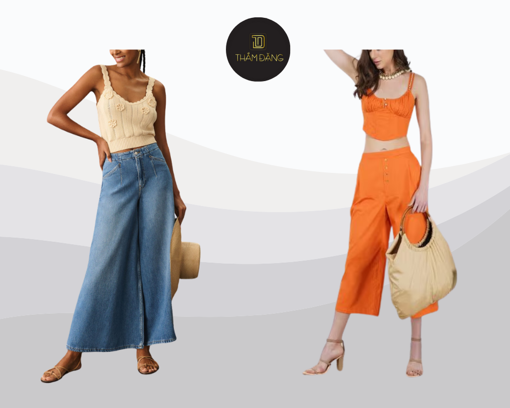 Set đồ kết hợp áo corset ôm sát và quần culottes ống rộng mang đến phong cách vừa gợi cảm vừa thanh lịch, hoàn hảo cho những buổi tối trên rooftop bar.