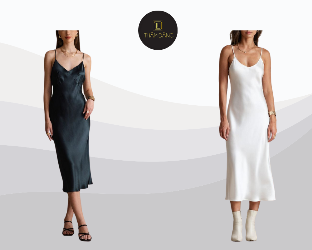 Đầm slip dress lụa thanh lịch, gợi cảm, hoàn hảo cho buổi tối sang trọng tại bar.