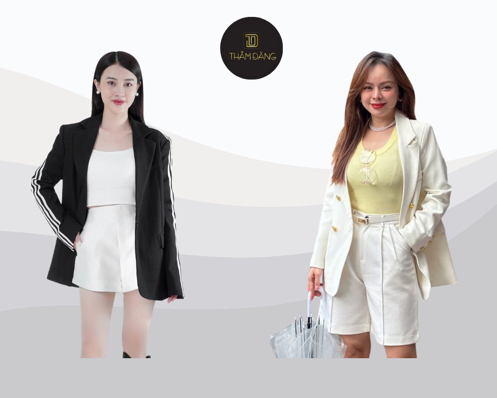 Set đồ thanh lịch trẻ trung với áo blazer oversized và quần short ôm sát tạo nên phong cách hiện đại và tinh tế.