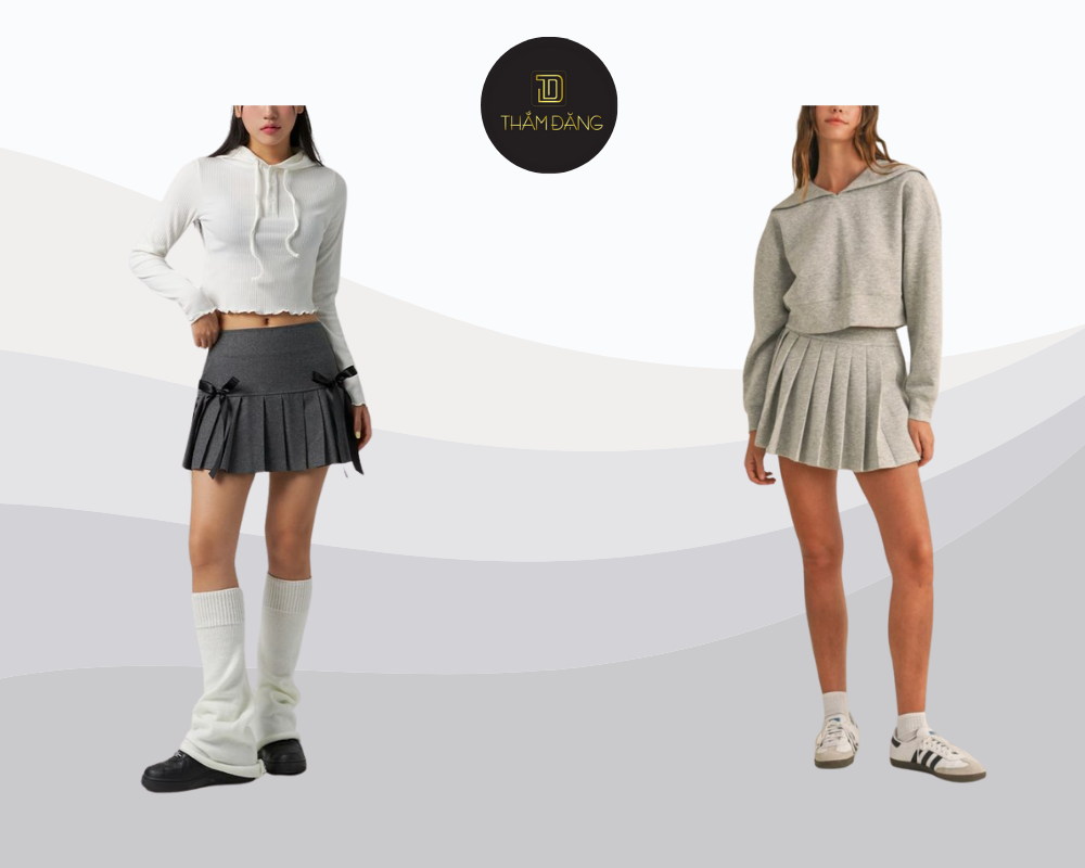 Set đồ năng động, nữ tính với áo hoodie crop, chân váy xếp ly và phụ kiện thể thao tạo nên phong cách hoàn hảo cho những buổi tối năng động.
