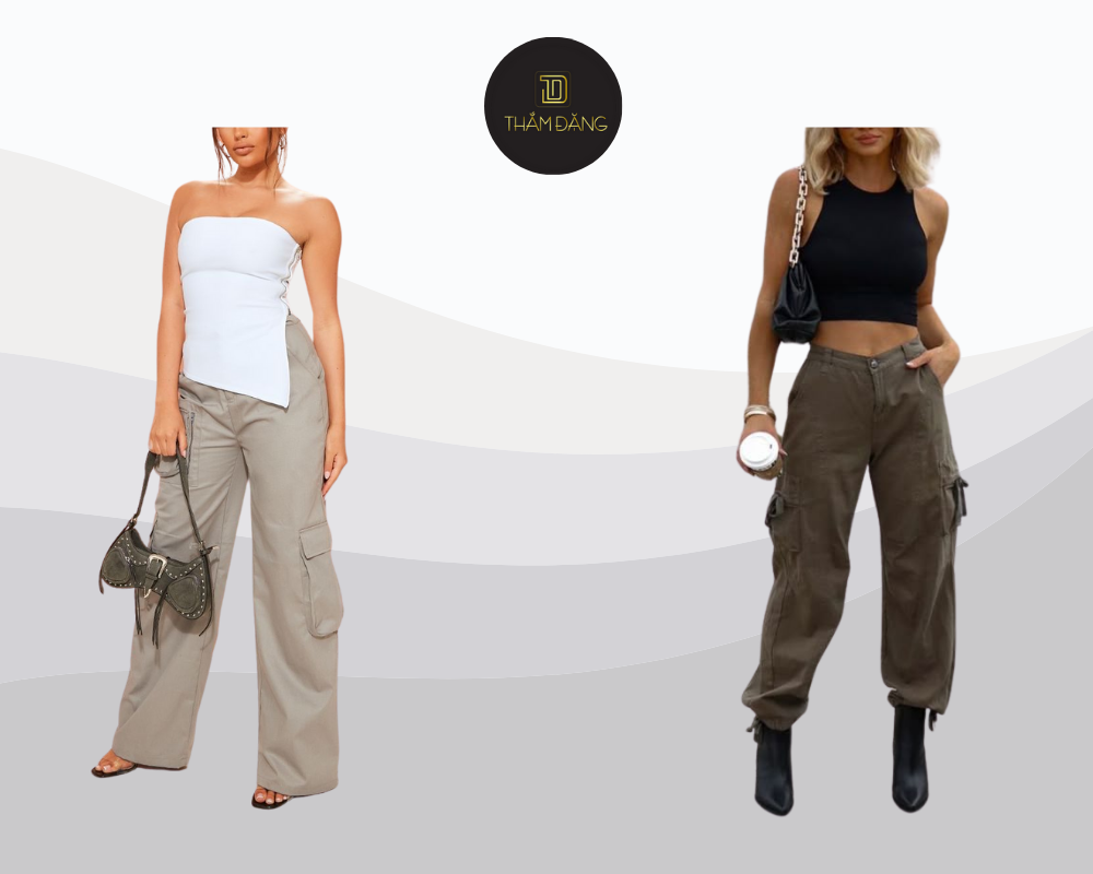 Set đồ táo bạo với áo bandeau và quần cargo, kết hợp giày chunky sneakers và phụ kiện thời thượng, tạo nên phong cách cá tính và quyến rũ.