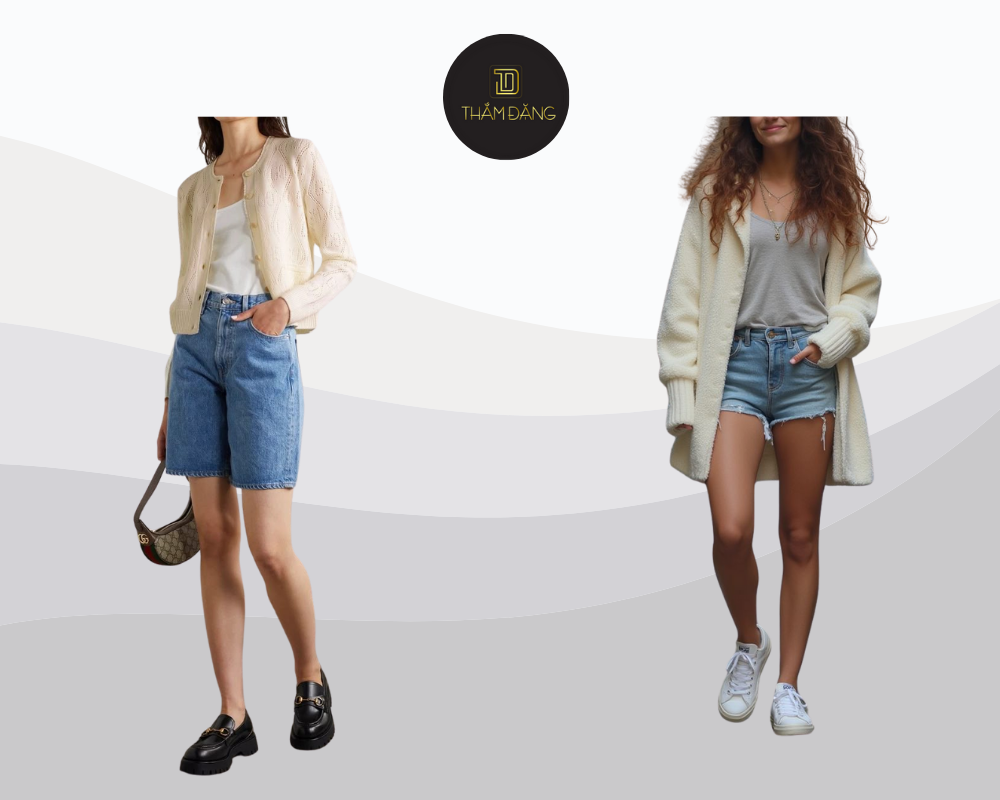 Set đồ kết hợp áo cardigan crop và quần short denim mang đến phong cách trẻ trung, nữ tính và thời thượng.