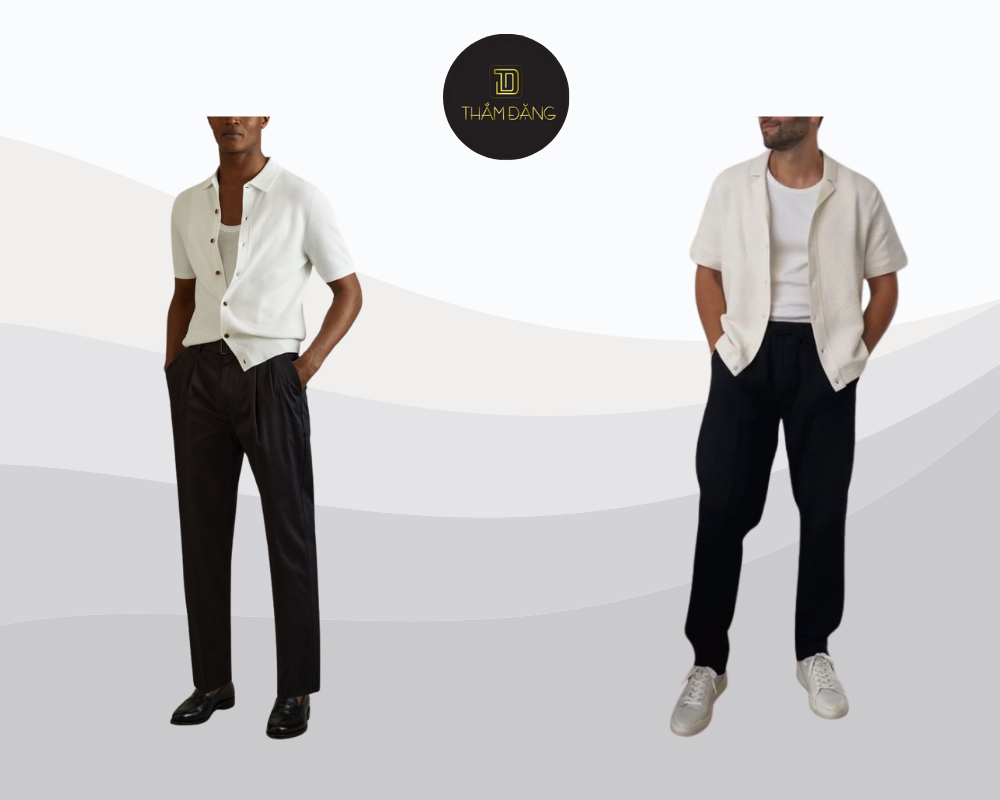 Set đồ áo sơ mi trắng và quần jeans đen đơn giản nhưng thanh lịch, hoàn hảo cho mọi loại bar.