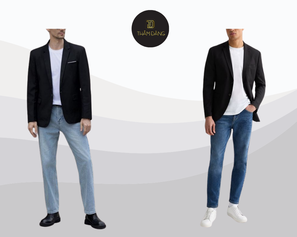 Set đồ áo thun trắng, blazer đen và quần jeans mang đến vẻ ngoài thanh lịch, trẻ trung và phù hợp cho cả những buổi đi bar sang trọng.