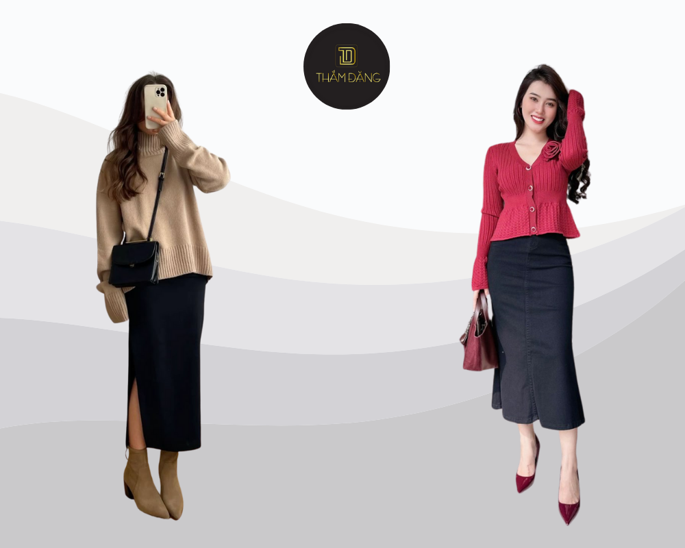 Thanh lịch và ấm áp với áo len trắng phối chân váy midi đen khi dạo phố Đà Lạt se lạnh.