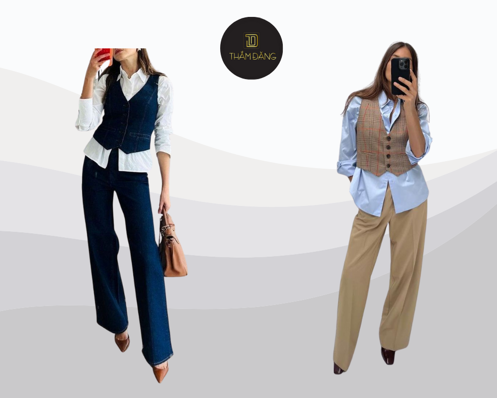 Set đồ Hàn Quốc trẻ trung với áo sơ mi trắng và gile ấm áp, hoàn hảo cho chuyến đi Đà Lạt sành điệu.