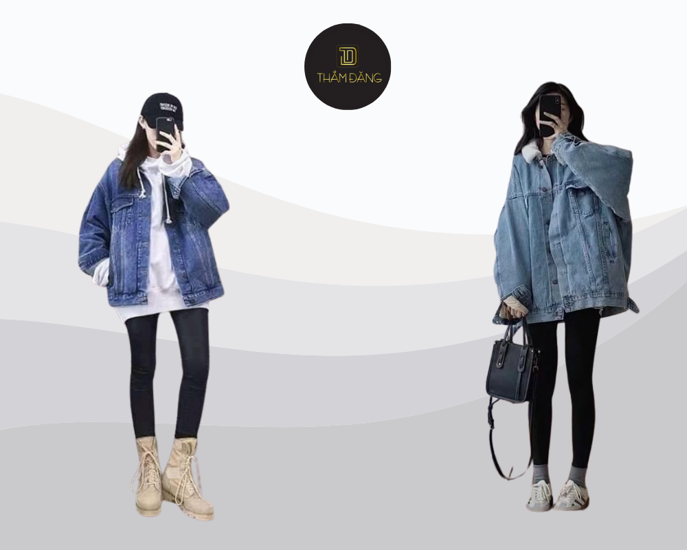 Set áo khoác jean và quần leggings vừa giữ ấm vừa sành điệu cho những ngày se lạnh ở Nha Trang.