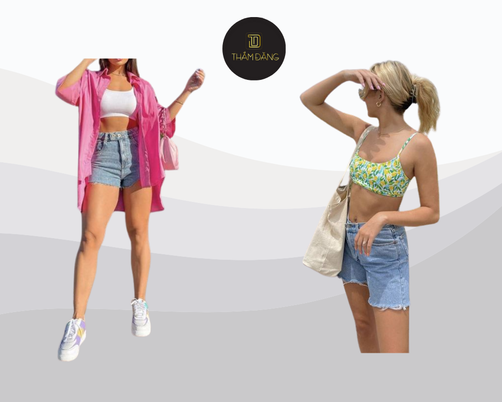 Bra top kết hợp short jean là lựa chọn táo bạo và thời thượng cho những ngày nắng biển Nha Trang.