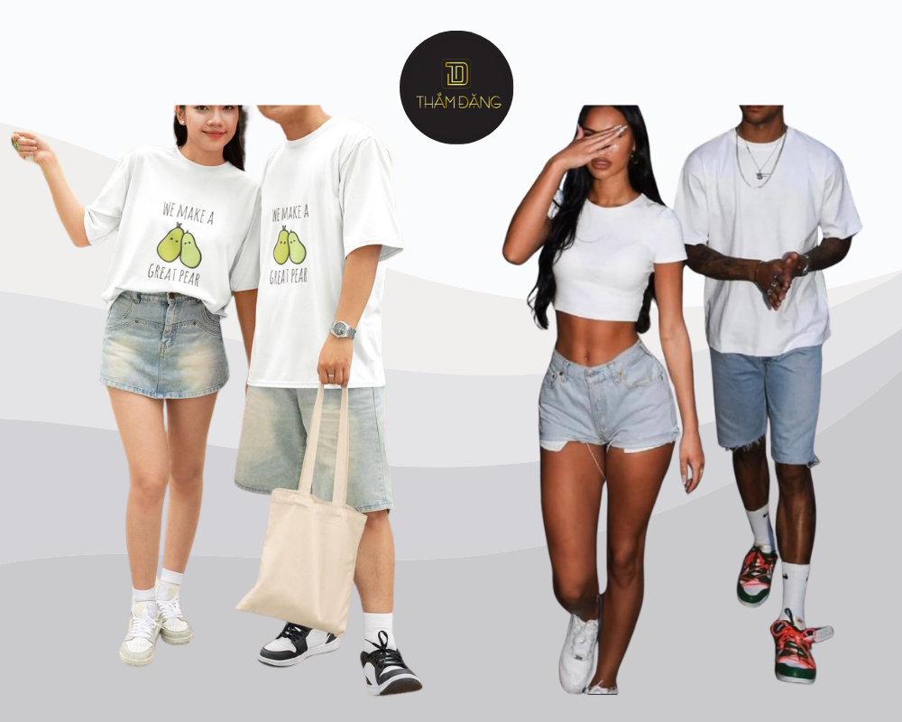 Áo phông trắng phối cùng jean hoặc short là lựa chọn lý tưởng cho cặp đôi muốn vừa ăn ý vừa nổi bật trong mọi khung hình Nha Trang.