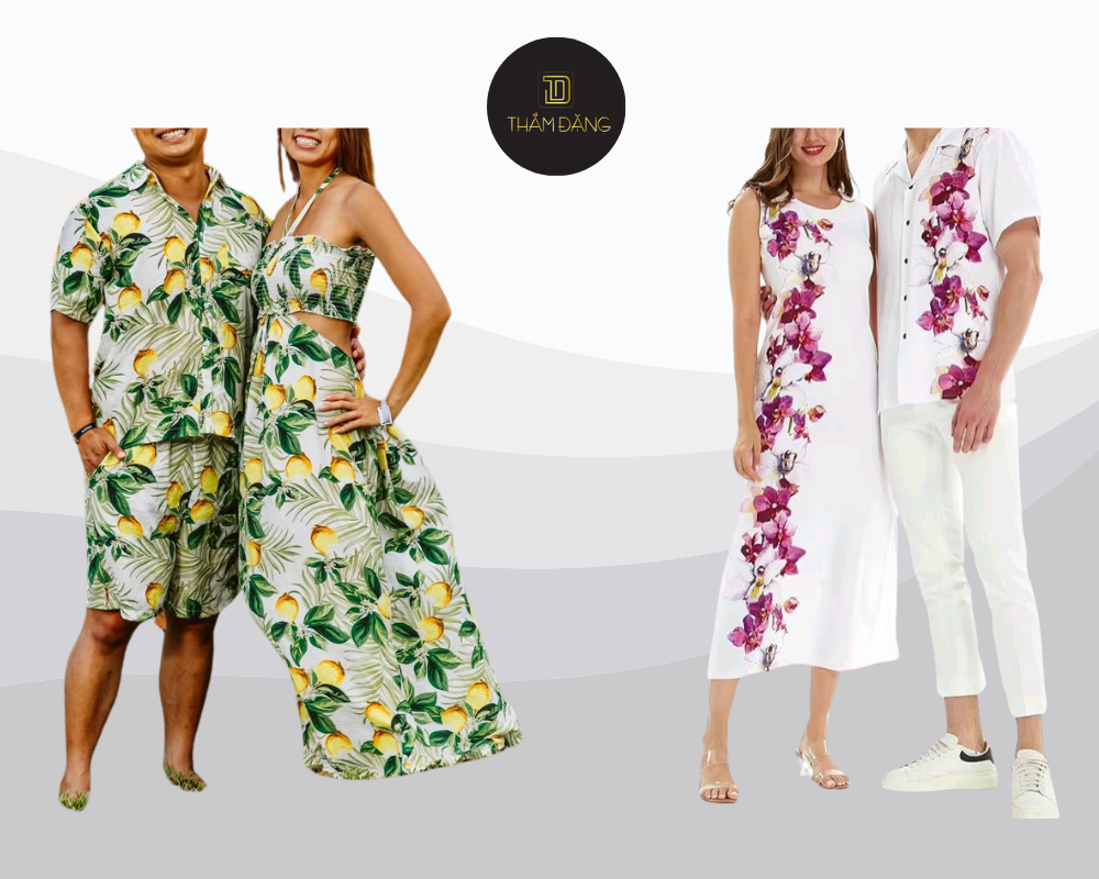 Sơ mi họa tiết tropical là lựa chọn lý tưởng cho cặp đôi tỏa sáng trong từng khung hình biển xanh rực nắng.