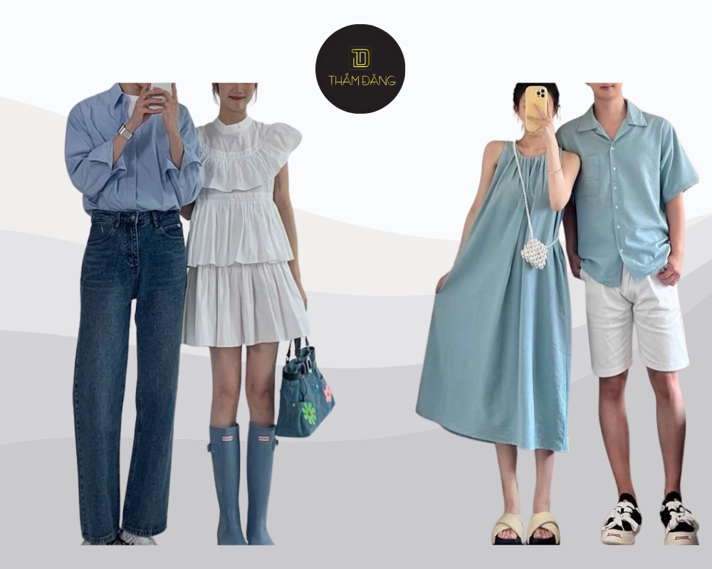 Trang phục pastel nhẹ nhàng giúp các cặp đôi lên hình đẹp và đồng điệu trong khung cảnh biển đầy nắng.