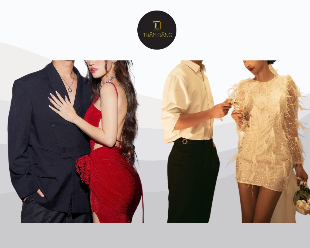 Set đồ đôi thanh lịch cho buổi tối lãng mạn bên biển với gam màu đồng điệu và phụ kiện tinh tế.