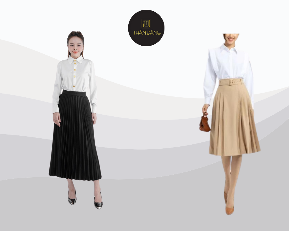 Set đồ sơ mi và chân váy midi mang đến vẻ ngoài thanh lịch, nhẹ nhàng và chuyên nghiệp cho phỏng vấn mùa xuân, thu.