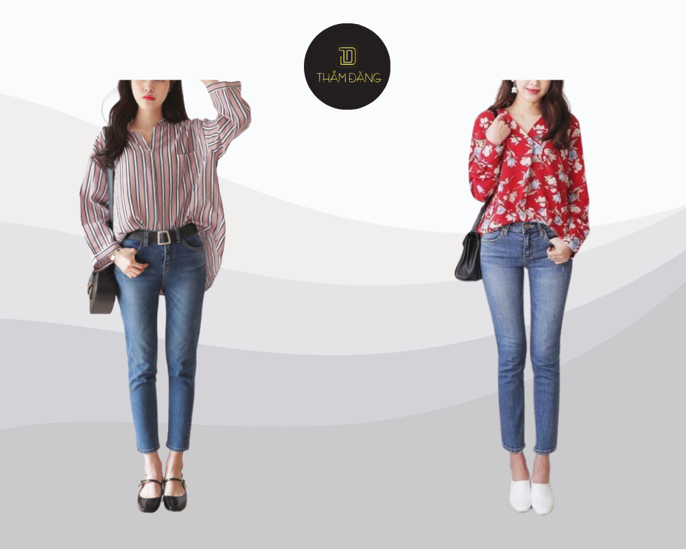 Outfit tinh tế với áo sơ mi họa tiết nhẹ nhàng, quần jeans cạp cao và blazer oversize hoàn hảo cho môi trường sáng tạo.