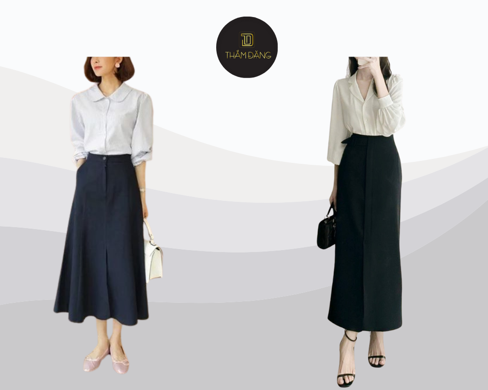 Sơ mi trắng phối chân váy dài tạo nên set đồ thanh lịch chuẩn chỉnh cho môi trường công sở.