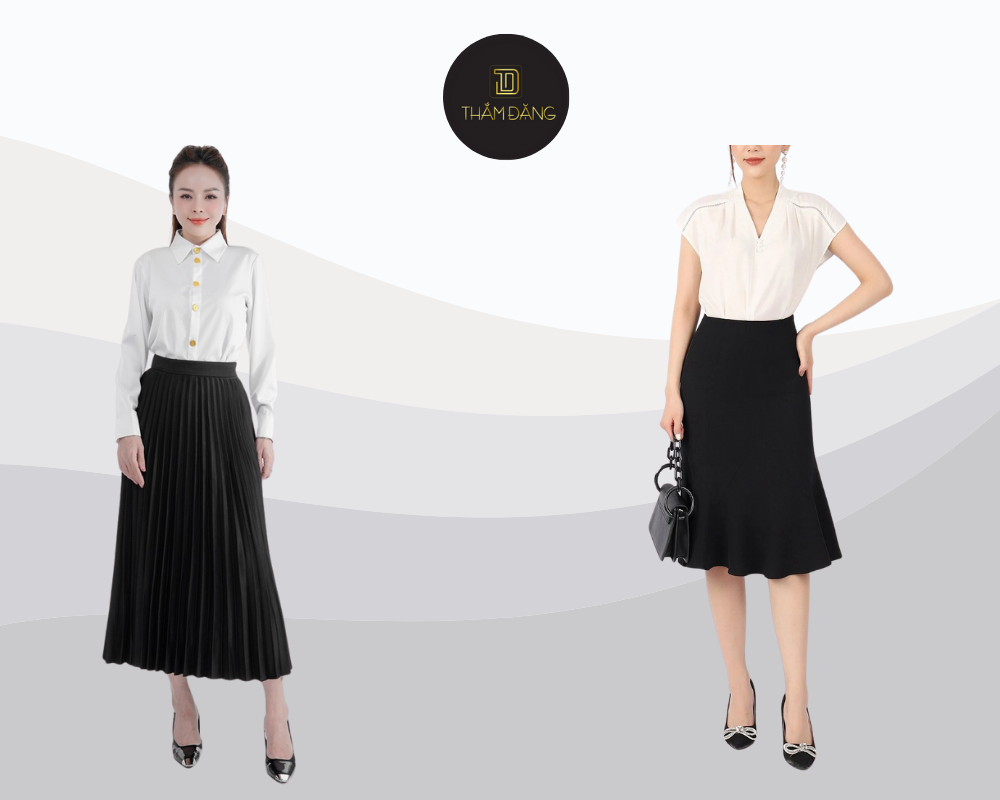 Set đồ công sở lụa suông thanh lịch kết hợp chân váy xếp ly mang đến phong cách nữ tính và chuyên nghiệp.