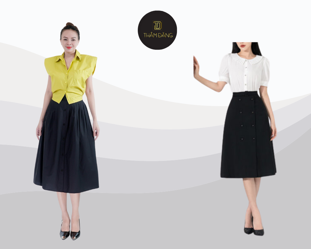 Set đồ thanh lịch với chân váy xòe vải thô lụa và áo sơ mi tạo nên vẻ chuyên nghiệp và dễ chịu cho mọi vóc dáng.