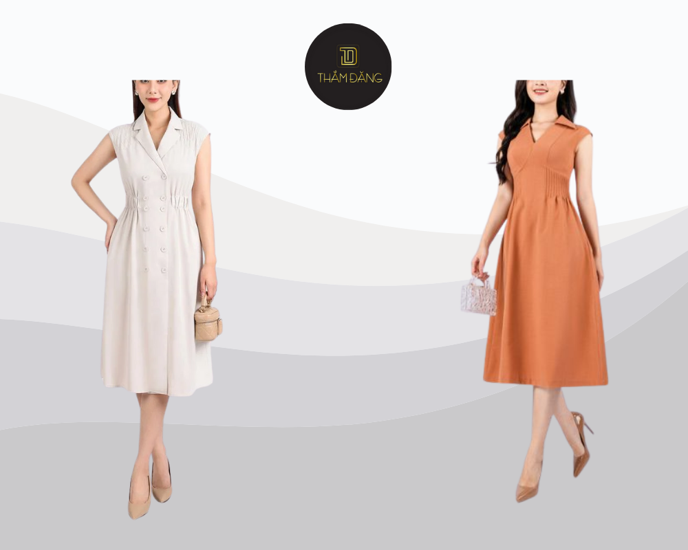 Đầm công sở vải thô đũi dáng xòe cổ V mang đến sự thoải mái, thanh lịch cho phỏng vấn mùa hè.