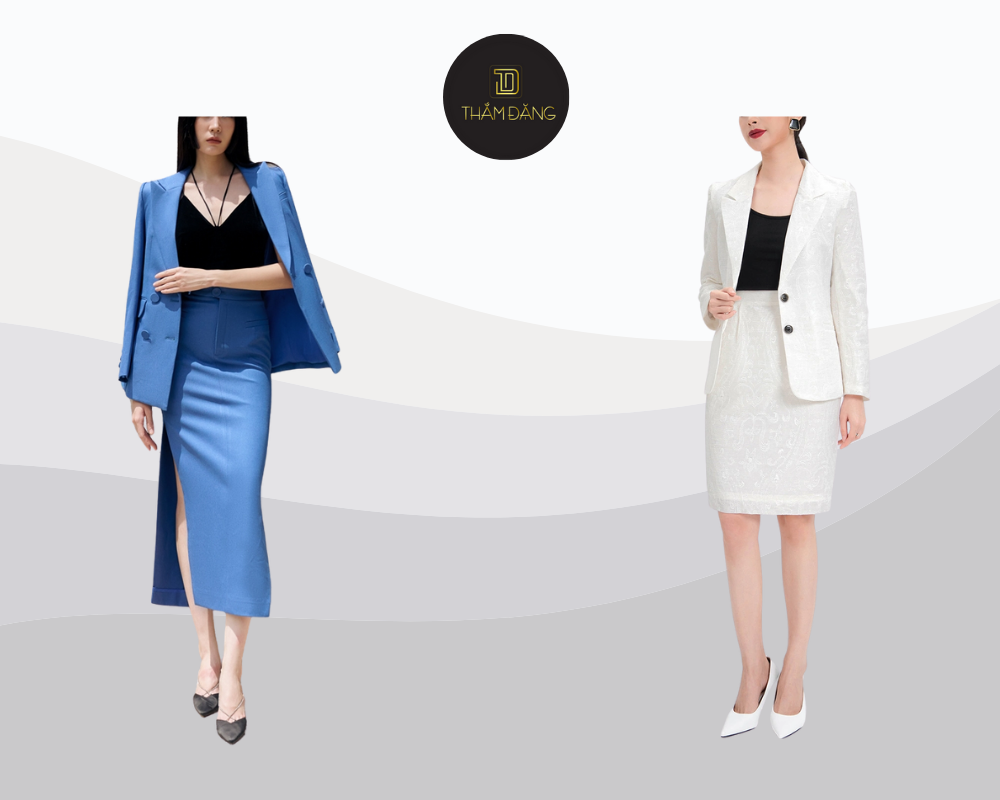 Set đồ blazer và chân váy bút chì tạo phong cách chuyên nghiệp, tôn dáng, hoàn hảo cho môi trường công sở.