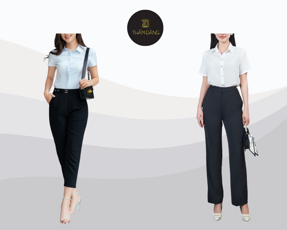 Set đồ công sở cổ điển sang trọng với áo sơ mi lụa và quần tây, hoàn hảo cho mọi buổi phỏng vấn.