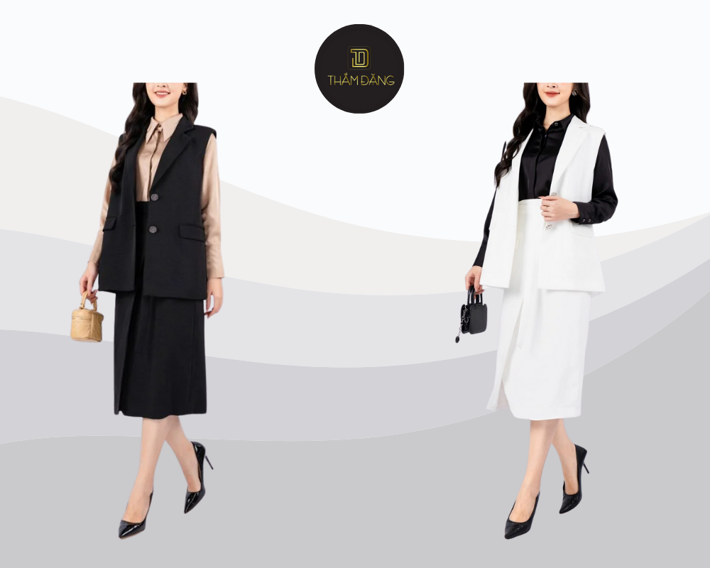Set vest gile tuytsi phối chân váy dài giúp ghi điểm tuyệt đối trong phỏng vấn mùa đông nhờ vẻ chuyên nghiệp và tinh tế.