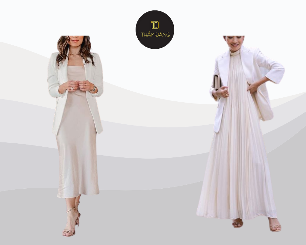 Đầm liền ivory kết hợp áo blazer trắng mang đến vẻ ngoài thanh lịch, sang trọng và nữ tính, hoàn hảo cho những dịp tiệc tùng hay công việc quan trọng.