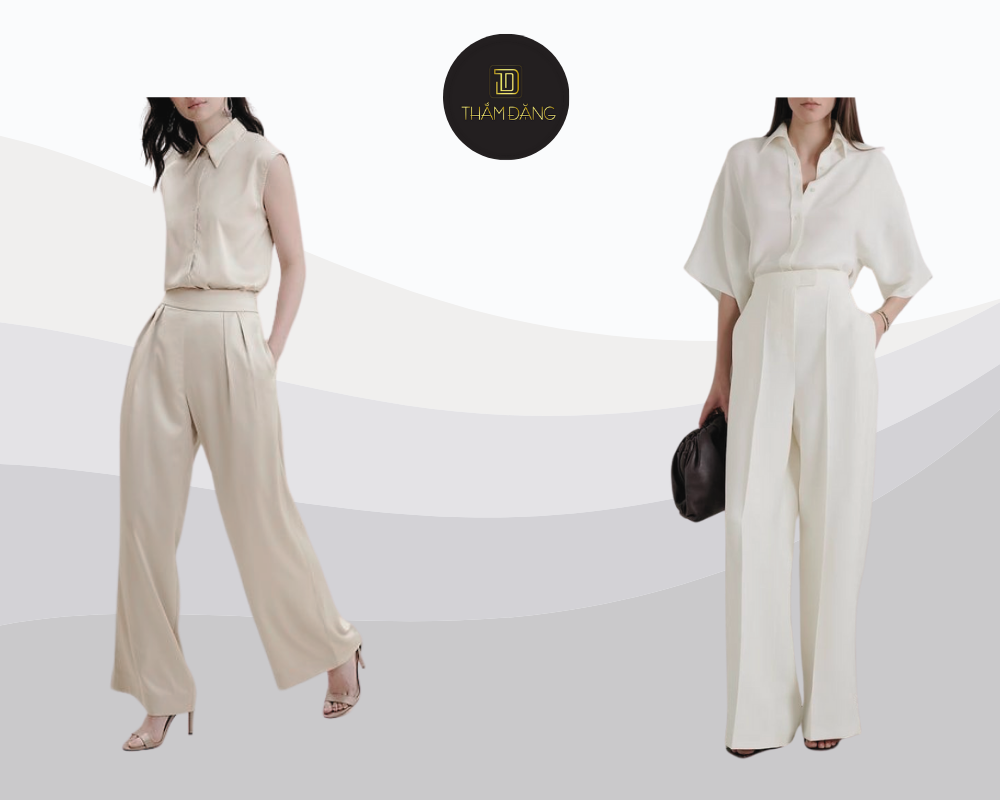 Áo sơ mi ivory kết hợp quần ống rộng mang đến vẻ ngoài nhẹ nhàng, thời thượng và thanh lịch, phù hợp cho cả công sở lẫn dạo phố.