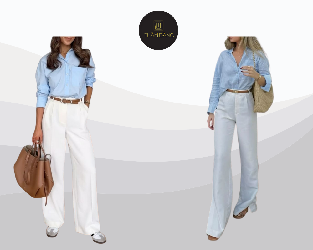 Quần tây ivory kết hợp áo sơ mi xanh mang đến phong cách công sở tươi mới, thanh lịch và đầy tinh tế.
