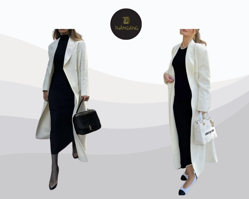 Áo khoác dạ màu ivory kết hợp với đầm đen mang đến vẻ thanh lịch, sang trọng và quyến rũ, hoàn hảo cho những dịp tiệc tối hay sự kiện quan trọng mùa đông.