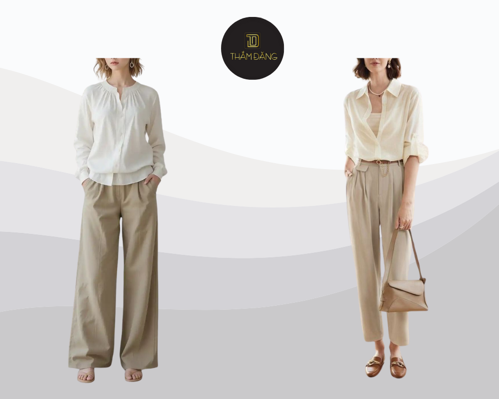Áo sơ mi ivory phối cùng quần be tạo nên phong cách thanh lịch, nhẹ nhàng và tinh tế, phù hợp cho công sở, trường học hay các buổi gặp gỡ bạn bè.